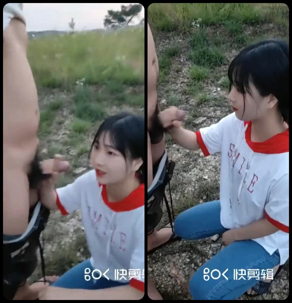 한 대학생이 인적이 드문 거리에서 남자친구의 자지를 빨아먹고 있다.